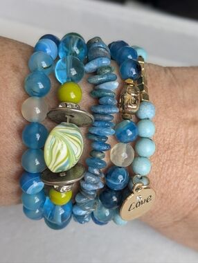 Blue Beaded Stretch Bracelet Set | Stackable | Gold Accent & Charm